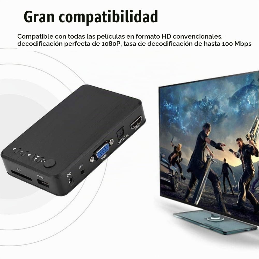 Garsent Reproductor Multimedia, 1080P HD HDMI Audio y Video Reproductor Multimedia Compatible con USB, Tarjeta SD, Disco Duro con Control Remoto IR, 110V-240V.(EU)
