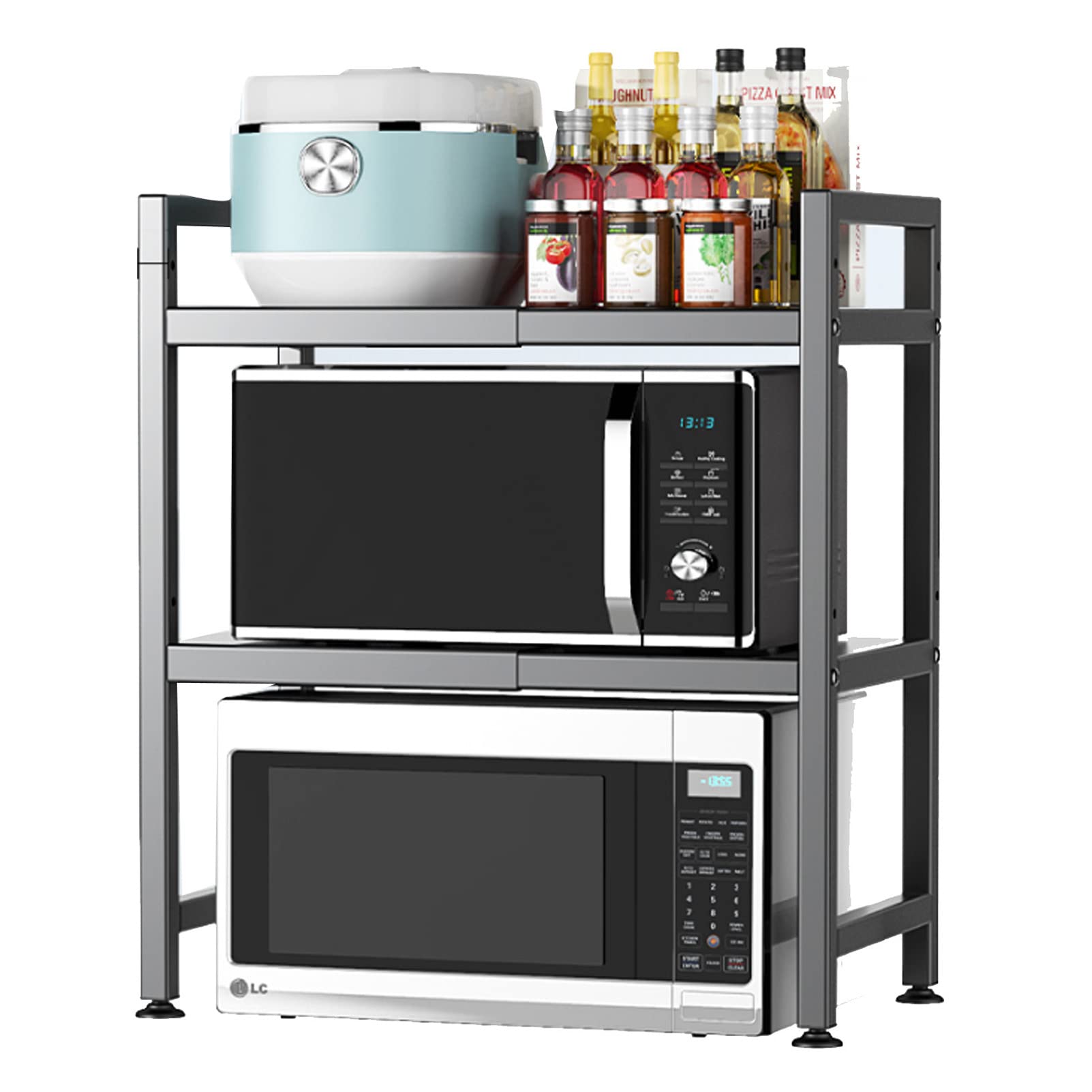 Soporte ajustable para microondas con estante de metal extensible y 6 ganchos para almacenamiento de cocina, encimera, ollas y sartenes, solución que ahorra espacio
