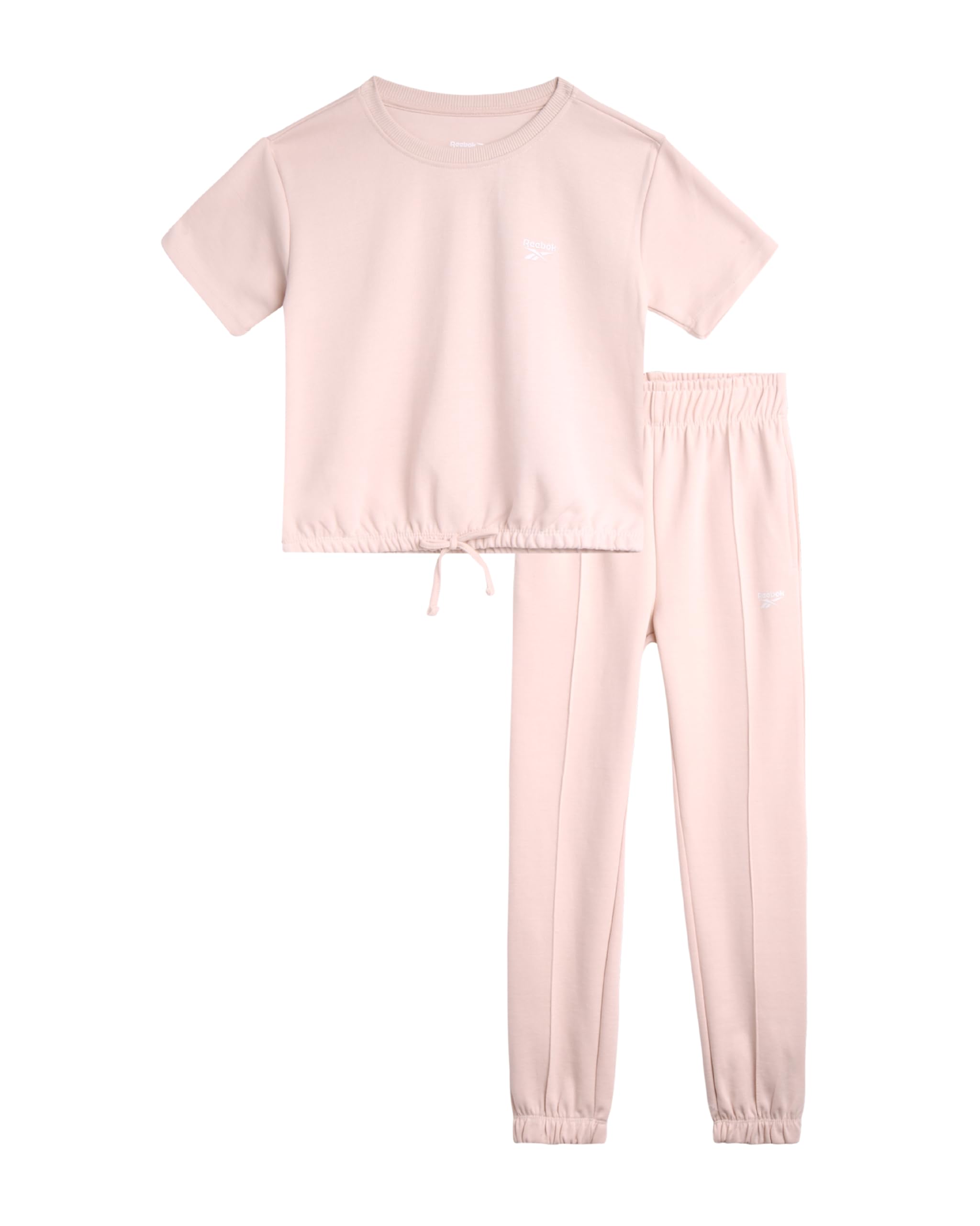 Reebok Set di pantaloni da jogging da bambina, 2 pezzi, maglietta corta e pantaloni della tuta a doppia maglia, tuta estiva per ragazze (7-12)