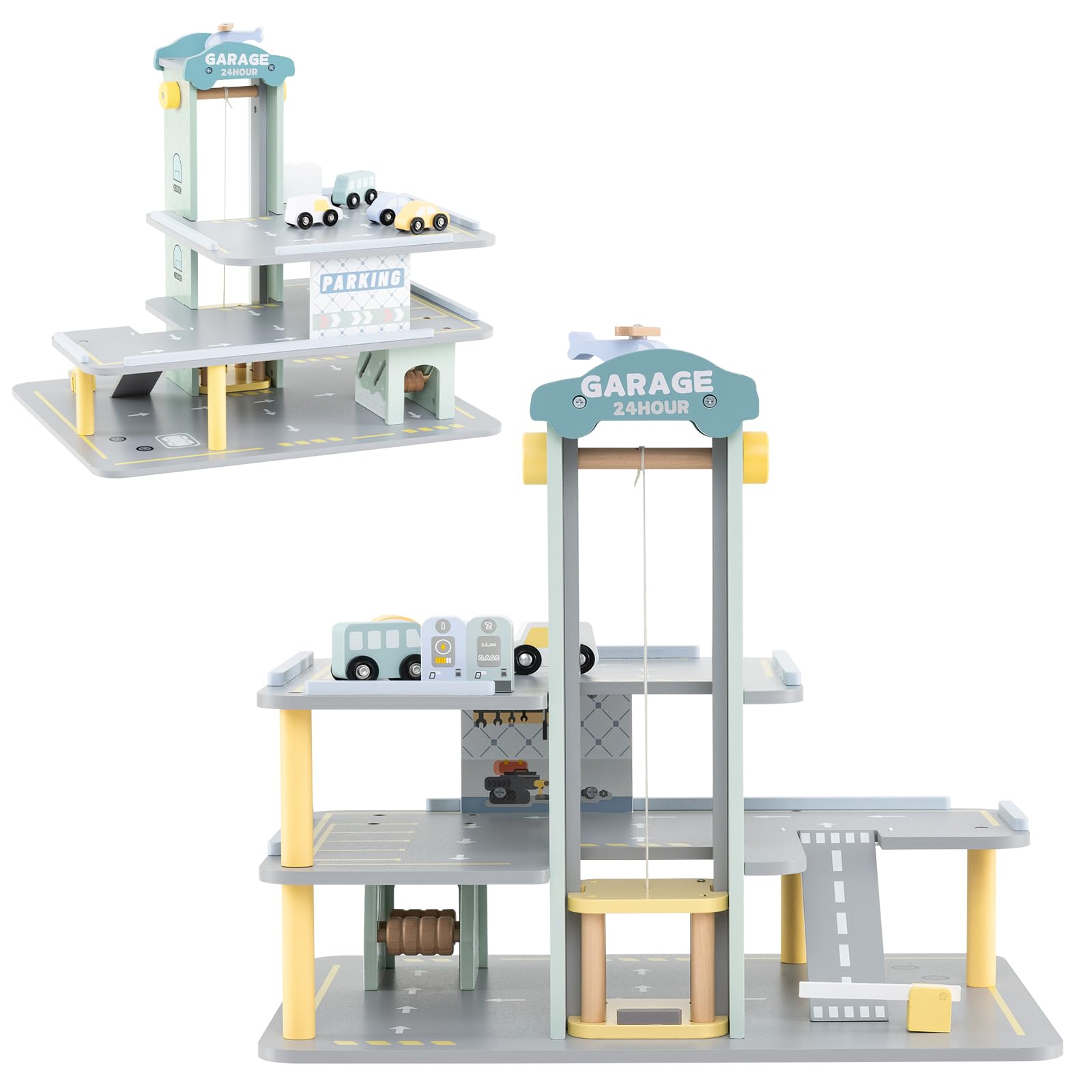 HOMASIS Set di garage a 3 piani, parcheggio in legno con 4 auto, eliporto, stazione di servizio, ascensore, lavaggio auto, garage giocattoli di ruolo per bambini dai 3 anni in su, 50 x 40 x 47 cm,