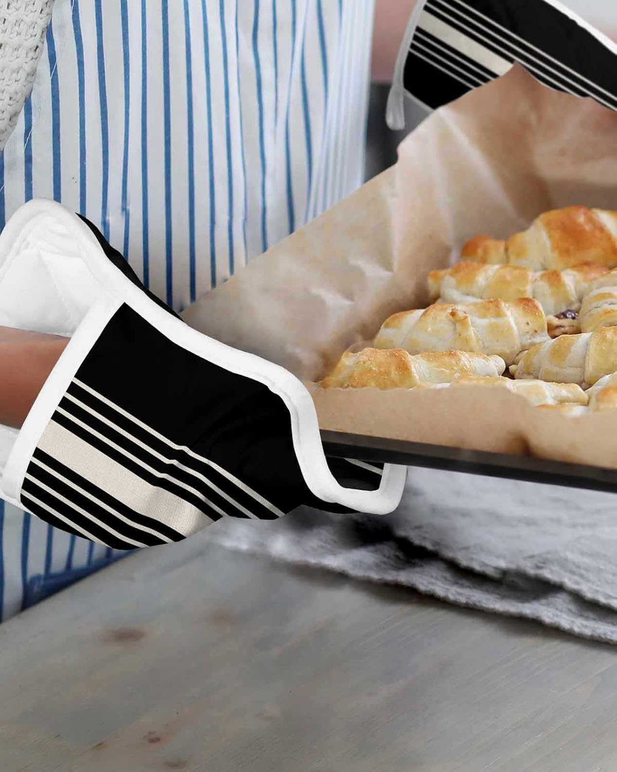 5 Pack Pot Holder with Pocket,Black Stripe Line Kitchen Potholders Heat Proof Non Slip Pot Holders Sets,Retro Linen Hot Pads Potholder for Cooking Baking BBQ
