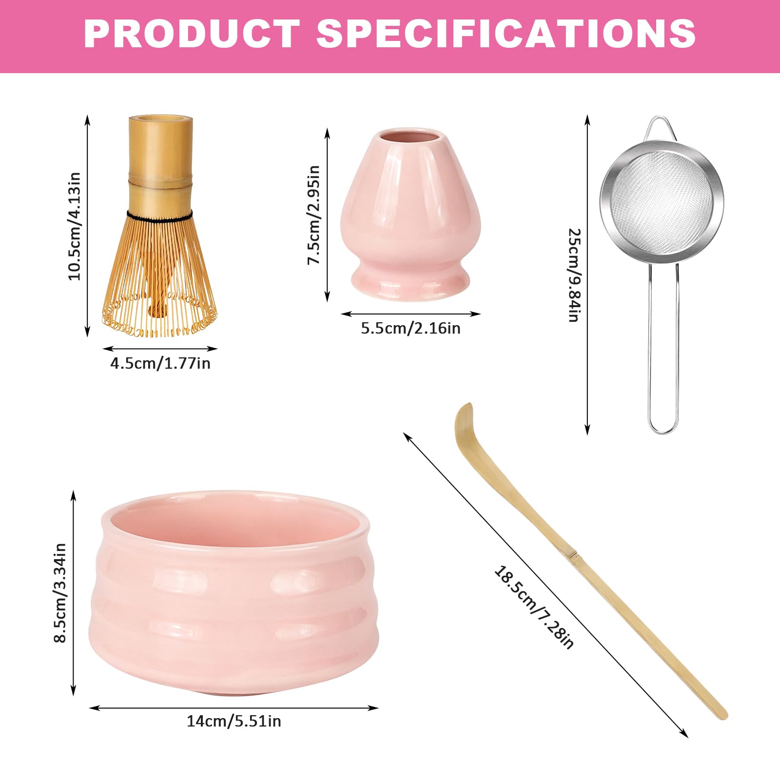 Matcha Kit 5 Pezzi per Principianti, Kit Matcha Completo con Ciotola e Supporto, Cucchiaio, Frusta in Bambù per Cerimonia Tè Matcha Artigianale
