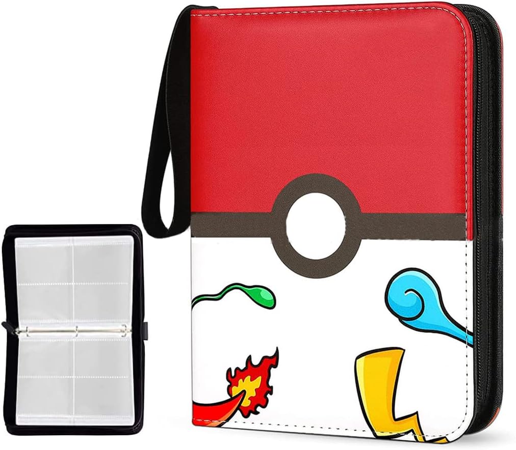 PATPAT Poke-Mon Binder, Cards Collector Album Holder For 400 Poke-Mon Cards Cartoon Prints Zipper Bag Trading Card Binder Poke-Mon Cards Collection Bag Game Cards Case Gift For Kids Boys Girls-Red