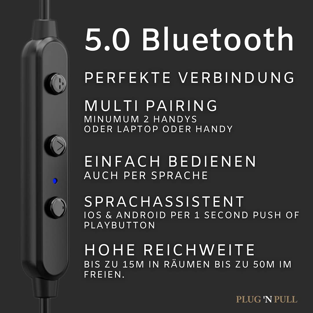PLUG 'N PULL Écouteurs intra auriculaires sans fil Bluetooth 5.0 avec micro, 15 heures d'autonomie, microphone avec réduction de bruit, idéal sport, résistant à la transpiration, fixation magnétique