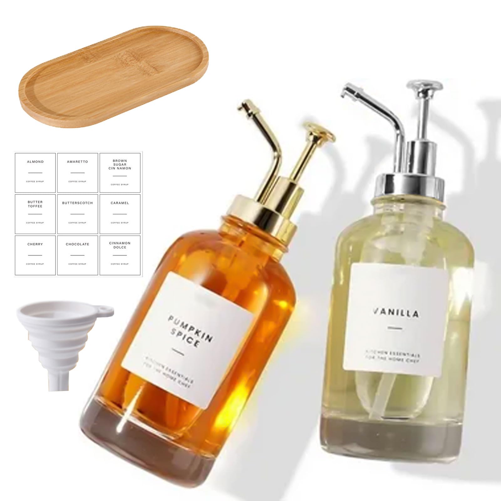 2pcs Dispensador de Jarabe, 500ml Botella con Bomba de Prensa con 36 Etiquetas y Bomba Dorada, Botellas de Jarabe Vidrio organización para Accesorios, Cocina, Caramelo, Vainilla, Arce, jabón