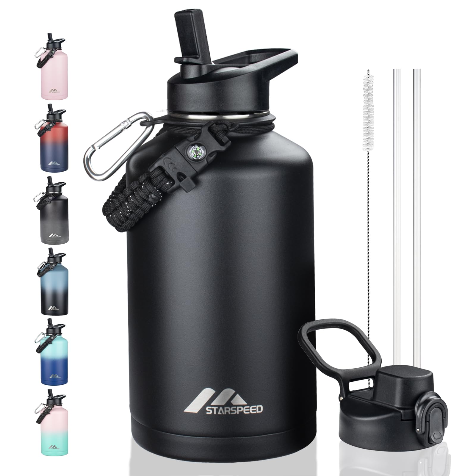 StarSpeed 64oz Insulated Water Bottle with Straws & 2 Lids, Black