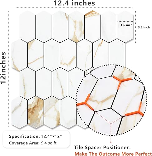 Vista 19 de Vamos Tile Azulejos hexagonales largos para despegar y pegar, 10 hojas para pegar en la pared del muro para la cocina y el baño, Calacatta dorado