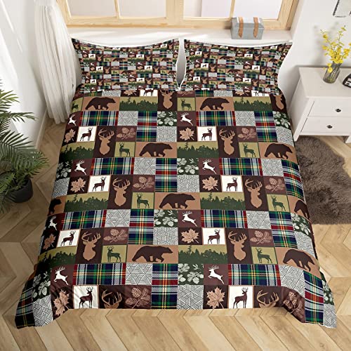 Erosebridal Lodge Plaid Duvet Cover Deer Bear Patchwork Comforter Cover Queen Size Rustic Bedding Sets,Wildlife Plaid Bear Deer Printed Bedding Sets,Camping Bedding Sets With 2 Pillow Shams, Brown #TOP1