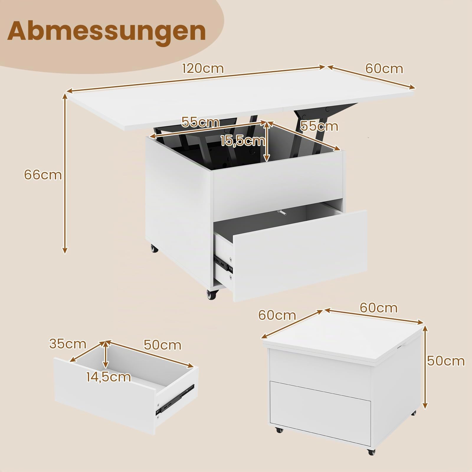 COSTWAY Couchtisch Höhenverstellbar, Wohnzimmertisch mit Schublade, Rollen & verstecktem Stauraum, 3-in-1 Kaffeetisch umwandelbar in Beistelltisch & Esstisch, Sofatisch 120 x 60 x 66 cm (Weiß)