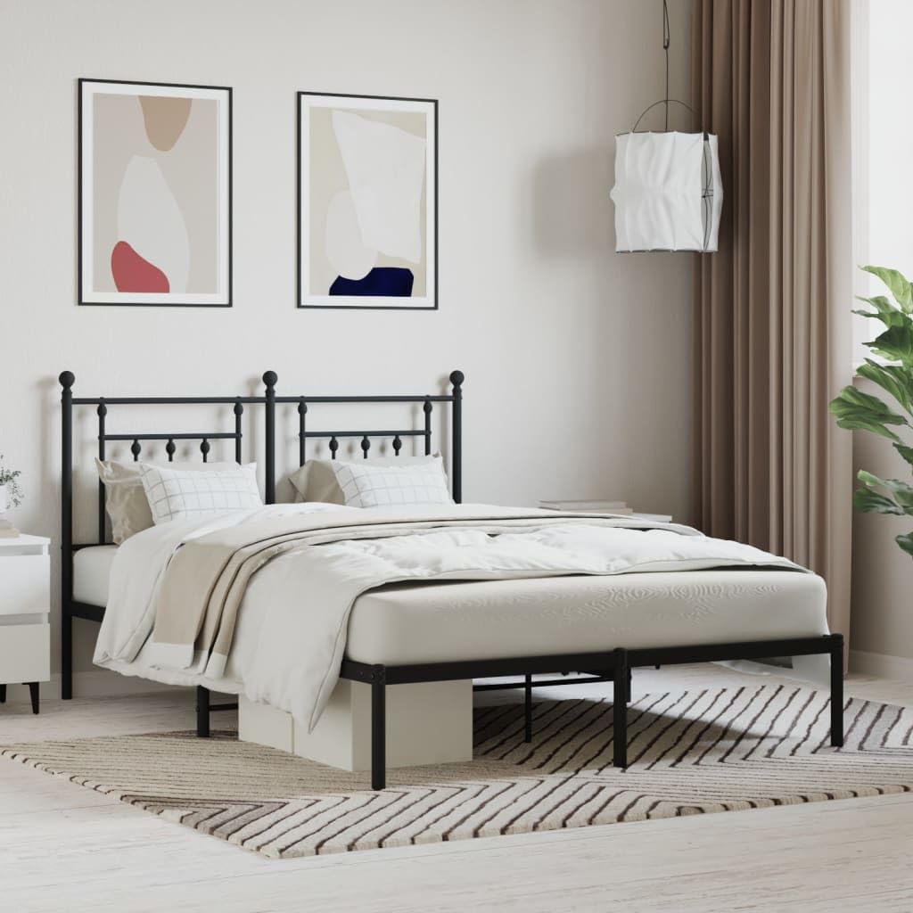 140x190 cm Metal Bed Frame with Headboard, Black | Features a steel slatted platform and under-bed storage space, requiring no box spring for bedrooms and guest rooms.