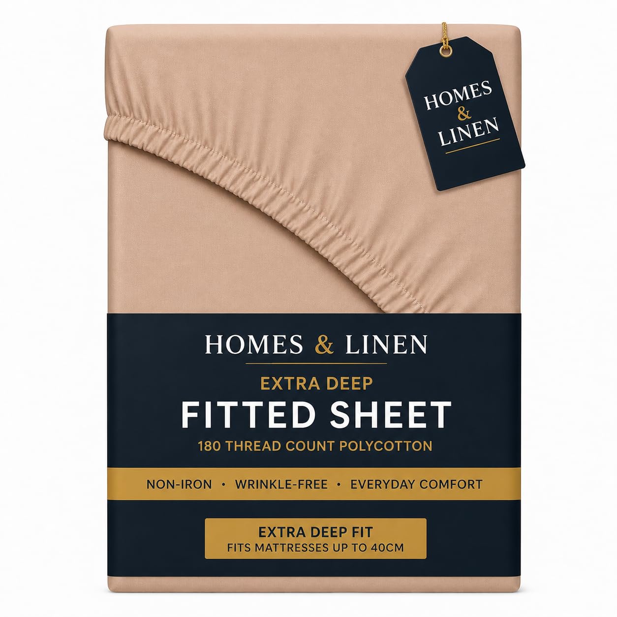 HOMES-LINEN Extra Deep 16” 40CM Fitted Sheet Percale Polycotton 180 Thread Count Soft Breathable Non-Iron Bed Sheet Deep Pocket Mattress Cover Hotel Quality Bedding (Beige, King)