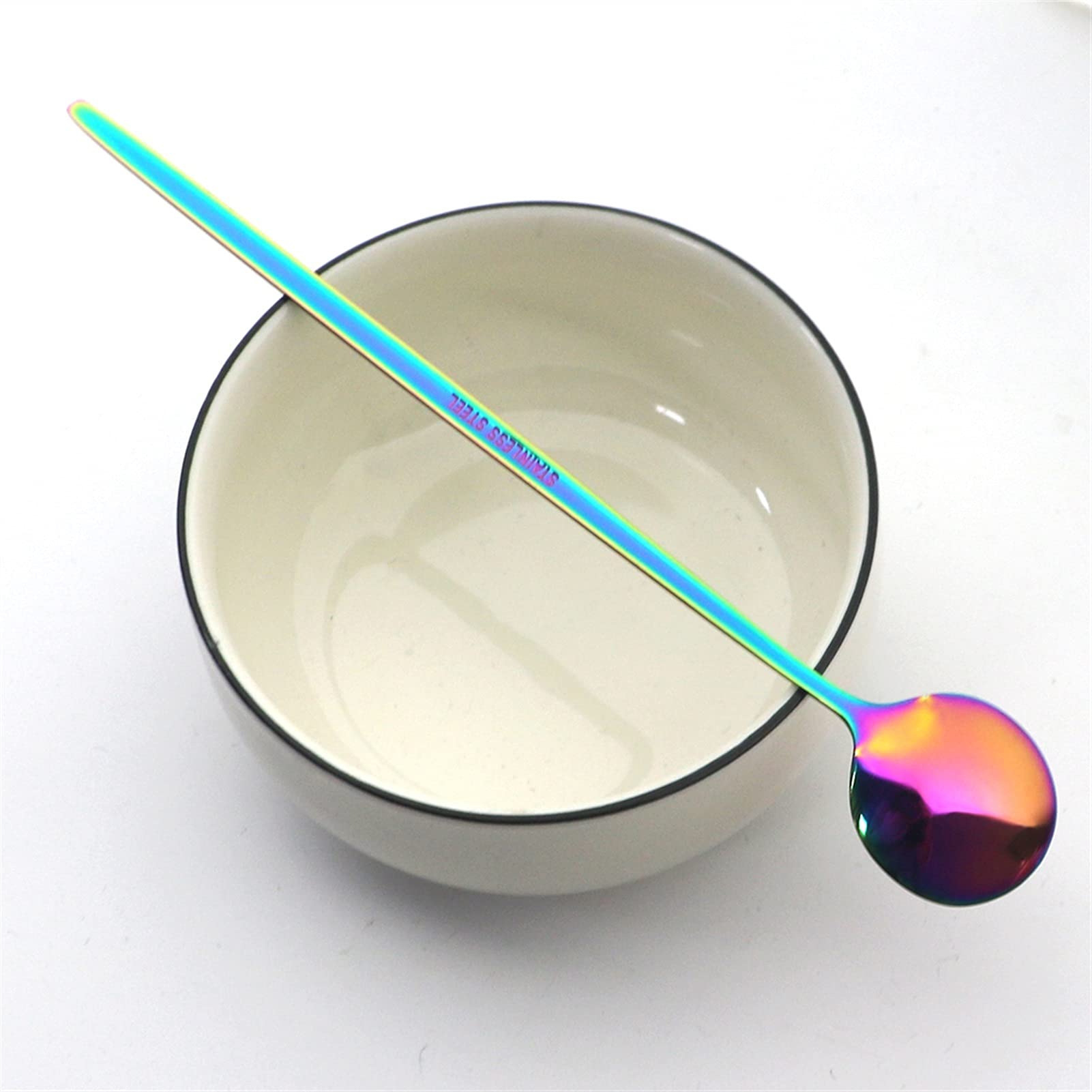 6pcs Cuillère à thé long de raccourcissement noir pour brusquer une brillance polie crème glacée à la crème glacée cuillère sans stique de la cuillère de cuisine de cuisine Coutellerie