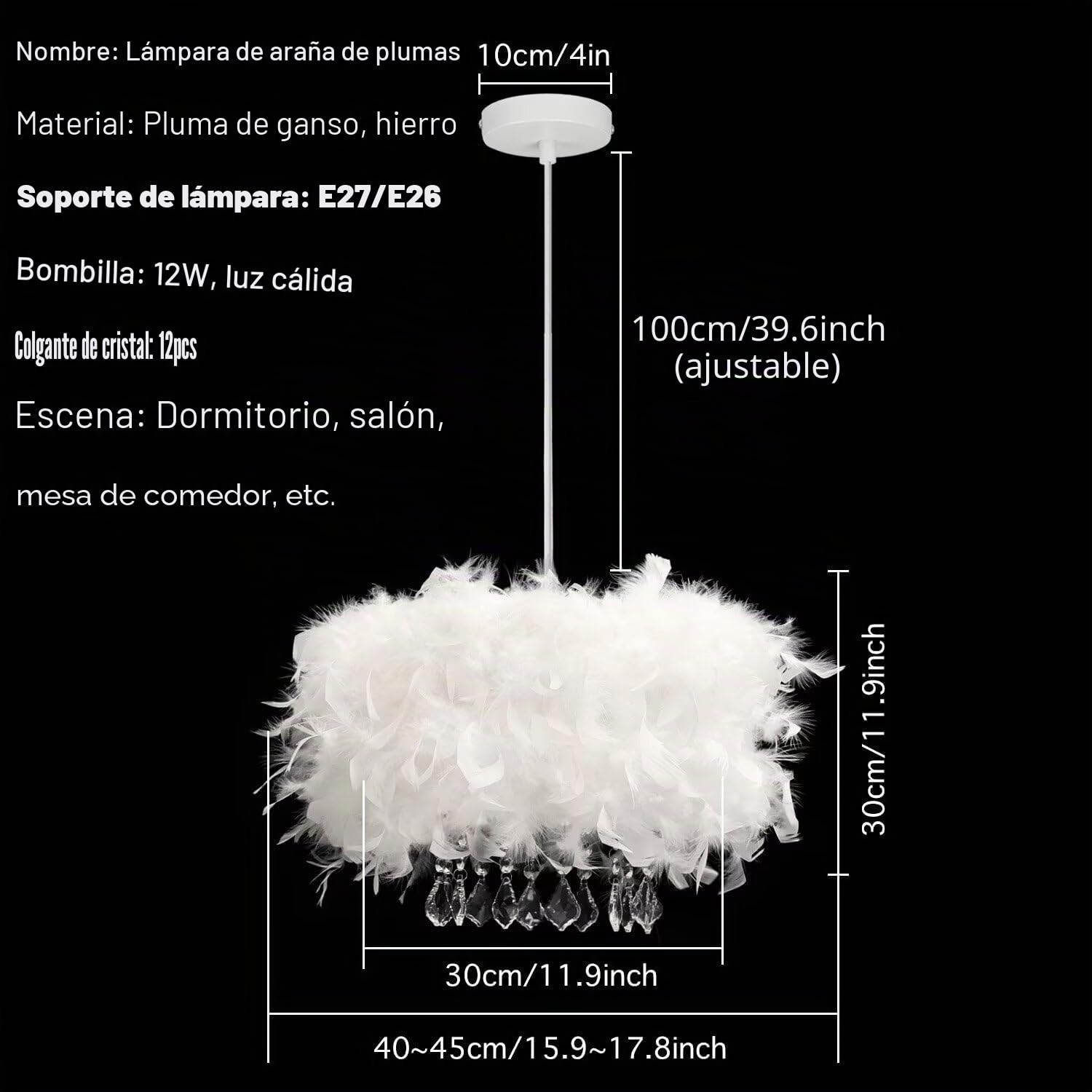 Lámpara colgante de plumas de cristal Lámpara colgante de plumas blancas Lámpara de techo Lámpara de techo, Lujo romántico para sala de estar, Comedor, 40 CM / 15.9 PULGADAS