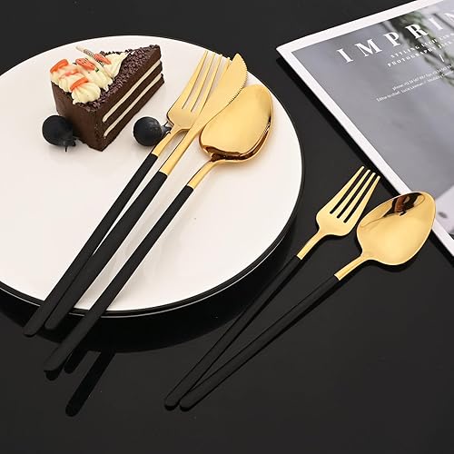 Miniatura 3 de JASHII Juego de cubiertos delgados de 20 piezas, acero inoxidable 1810 con chapado en oro de titanio, juego de cubiertos de mango negro, incluye