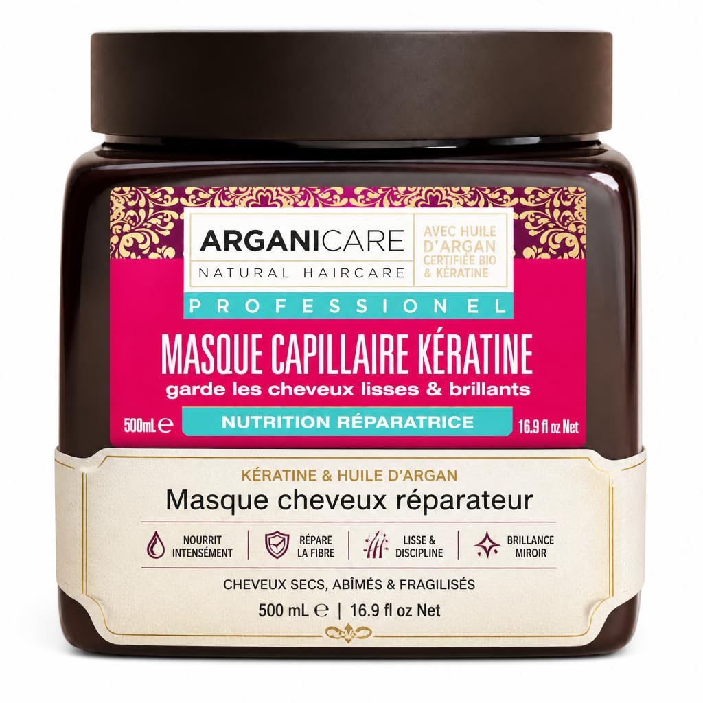 ARGANICARE Masque Réparateur Kératine & Huile d’Argan 500 ml – Soin intensif cheveux secs et abîmés, réparation et lissage, anti-casse, protection thermique, post-lissage