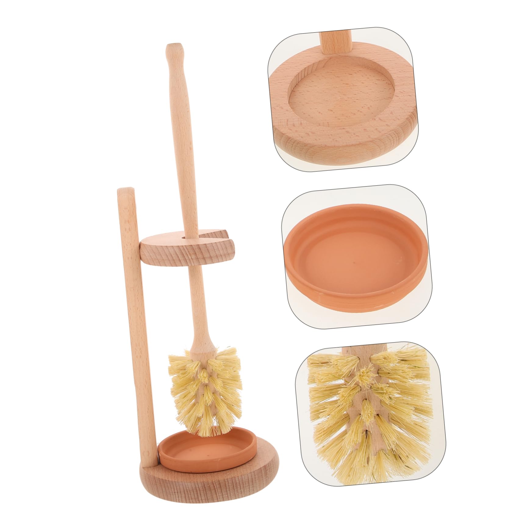 Cepillo de Limpieza para Inodoro de Mango Largo 1 Set | Base de Madera y Cerámica, Color Khaki, Uso en Baño y Hotel, Limpieza sin Rincones Muertos