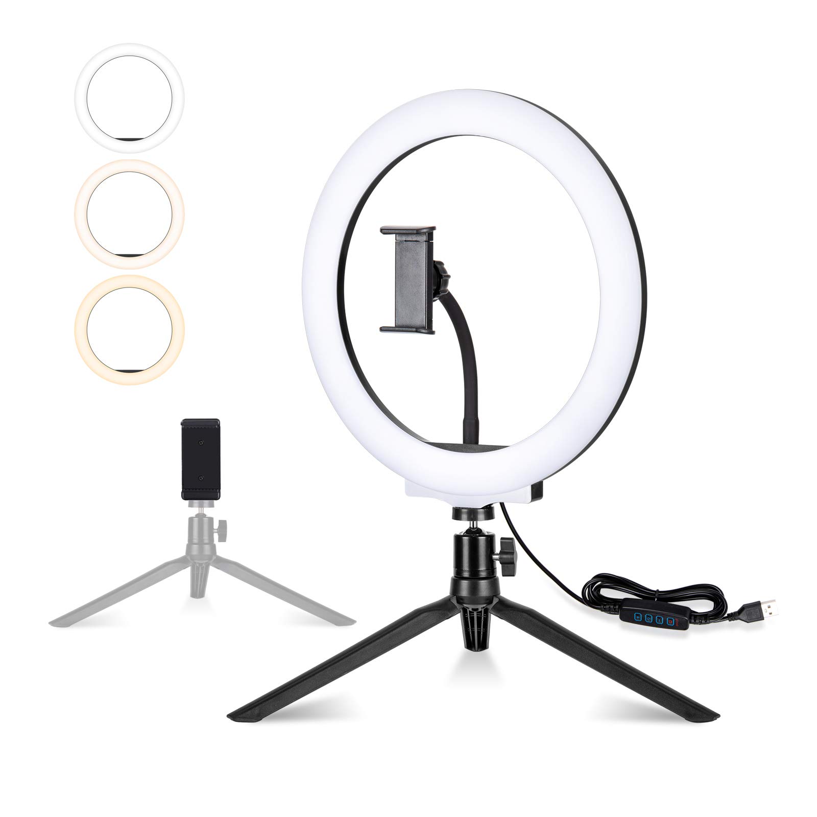 LELEJU Selfie Ring Light, 10.2" Desktop Ring Light with Tripod Stand, LED Ring Light with Phone Holder for Live Stream, Makeup, Vlogs, YouTube Video