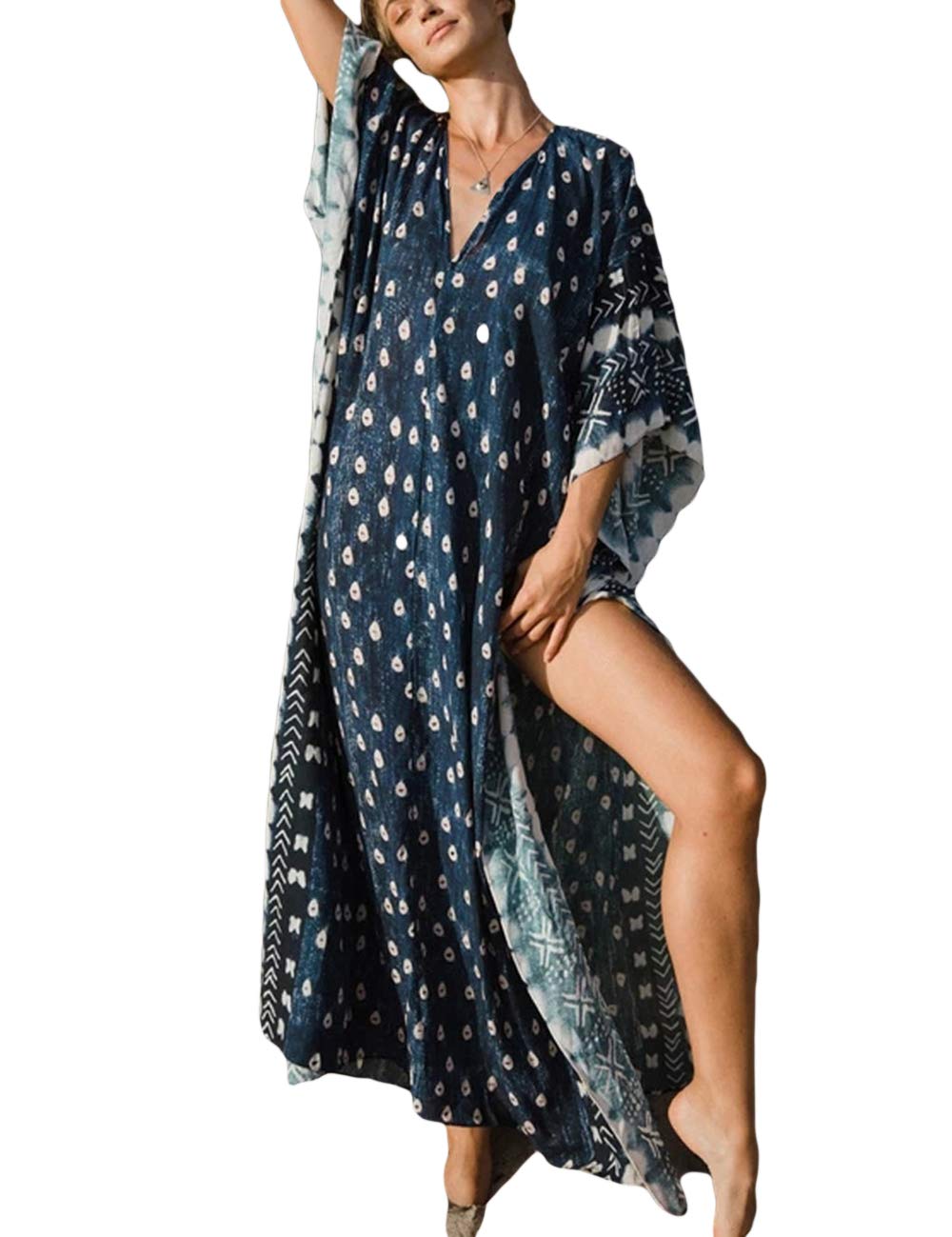 BsubseachWomen Print Beach Kaftan Dress Short Sleeve Plus Size Bathing Suit Cover Ups