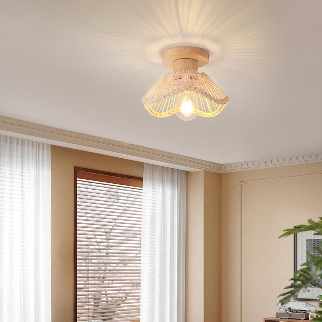 Lot de 2 Plafonniers en Bambou Tressée Lampe de Plafond Vintage E27 Éclairage Luminaire en Rotin Bois Lustre Suspension Déco pour Salon Chambre Couloir Cuisine