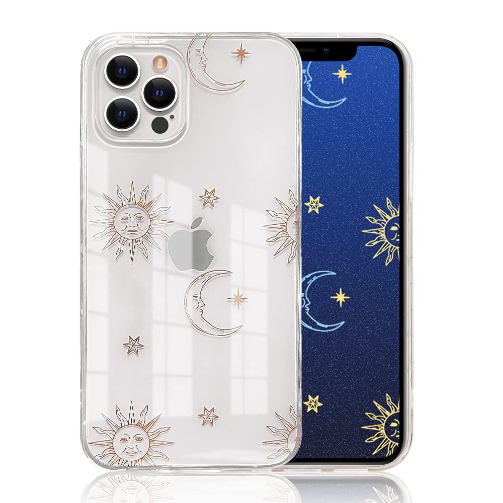 Ownest Compatible with iPhone 12 Pro Max Case with Rose Gold Sun Moon Pattern for Women Girls Glitter Clear Soft Flexible Durable Slim TPU Cases for iPhone 12 Pro Max-Sun Moon