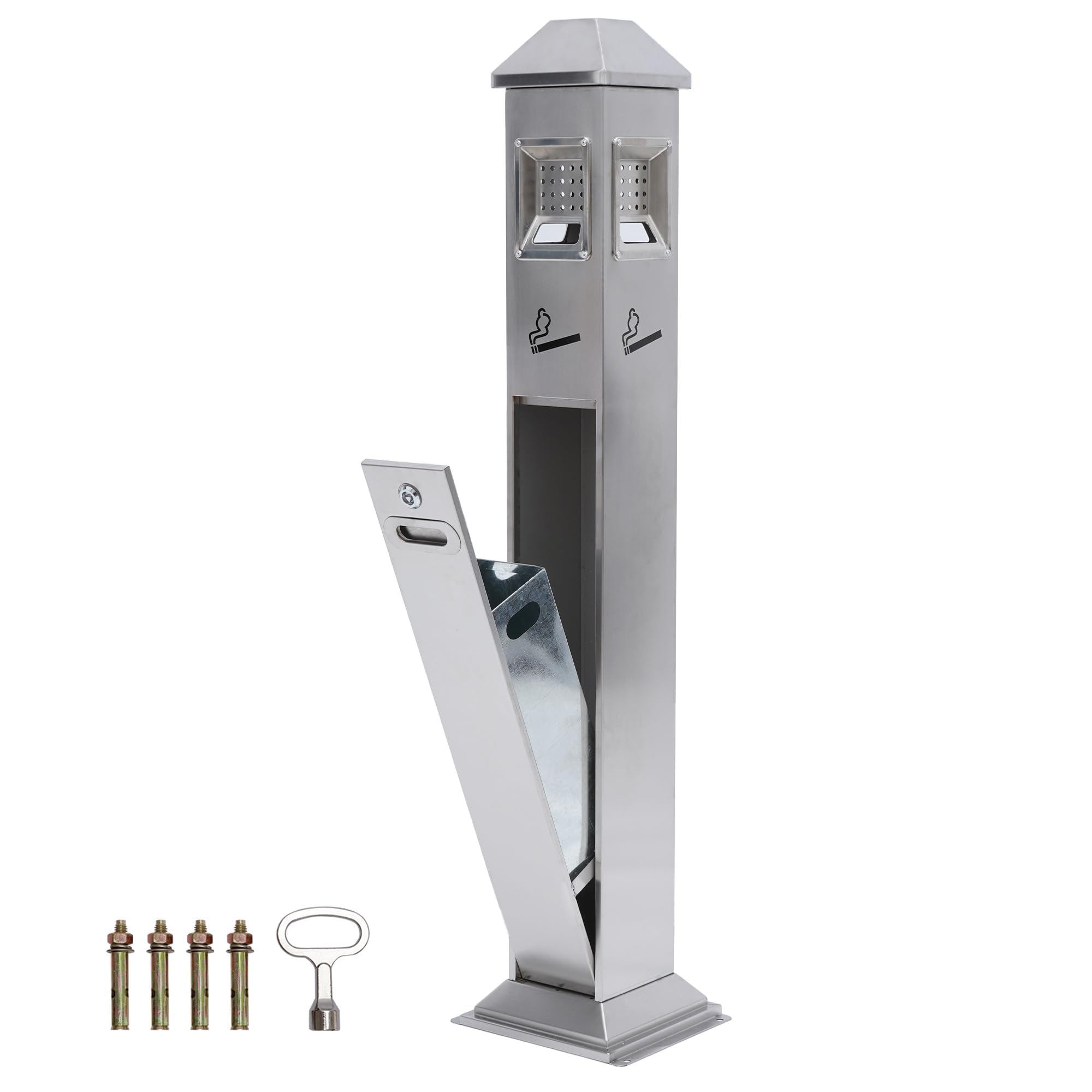Nisorpa 1.2M Floor Standing Ash Trays Outdoor,Garden Ashtrays for Outside Cigarette Bin Smoking Bin Stainless Steel,Outside Ashtray Free Standing Vertical Trash Bin w/Key (Silver)