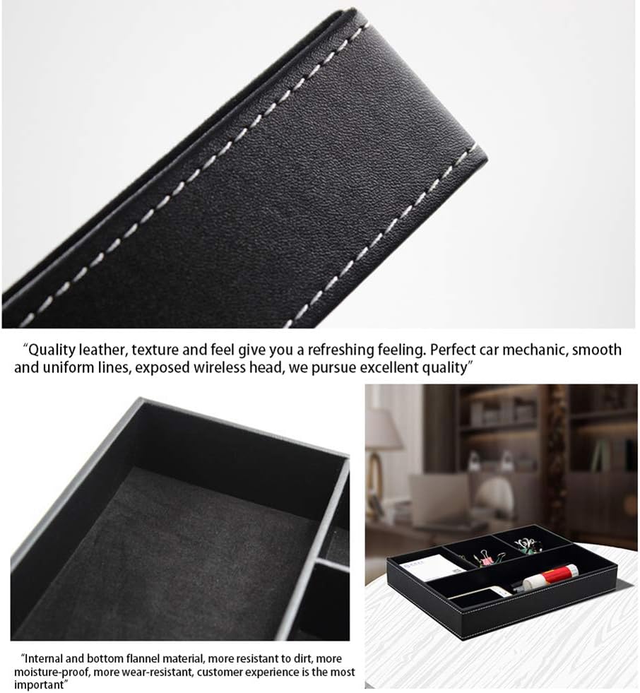 4 Compartments Leatherette Valet Tray Desk Dresser Top Organizer Box for Wallets Keys and Jewelry (Black)