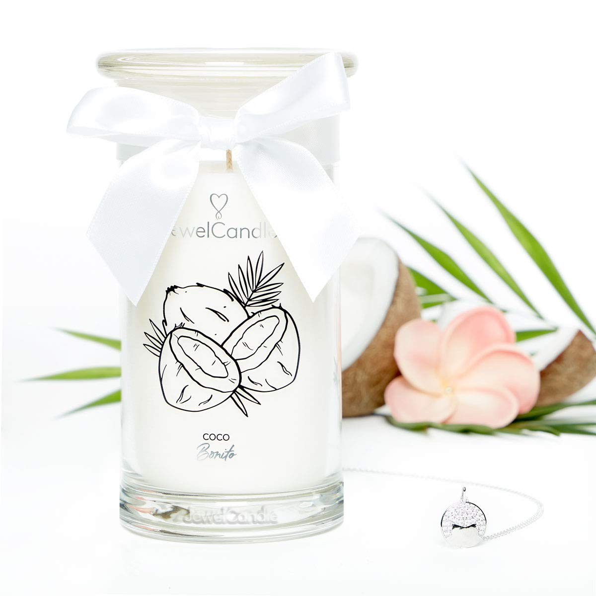 JewelCandle Coco Bonito Collier Argent - Bougie Bijoux - Grande Bougie Parfumée Parfum Fruité - Bougie Blanche avec Bijoux Surprise Cadeau pour Vous