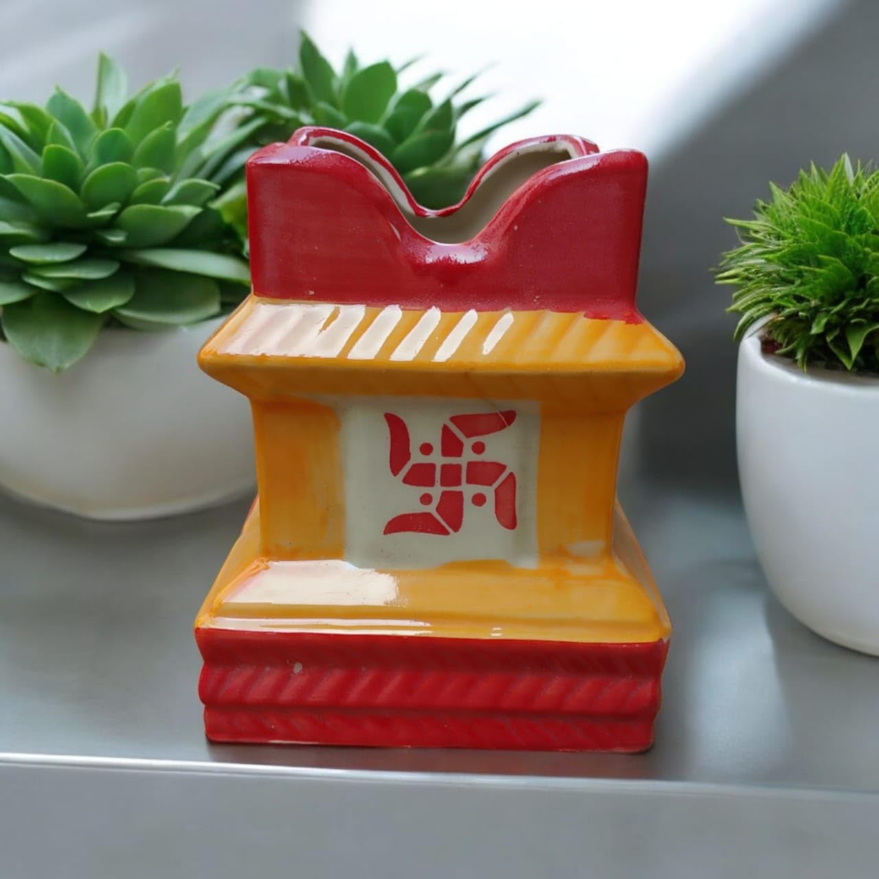Ceramic Tulsi Planter Pots Square Flower Pot Drainage Hole Plant Indoor Outdoor Holy Basil Planters With Lamp Holder Thulasi Vrindavan Gamla (4.5 Inch x 5 Inch),Multicolour-image-14