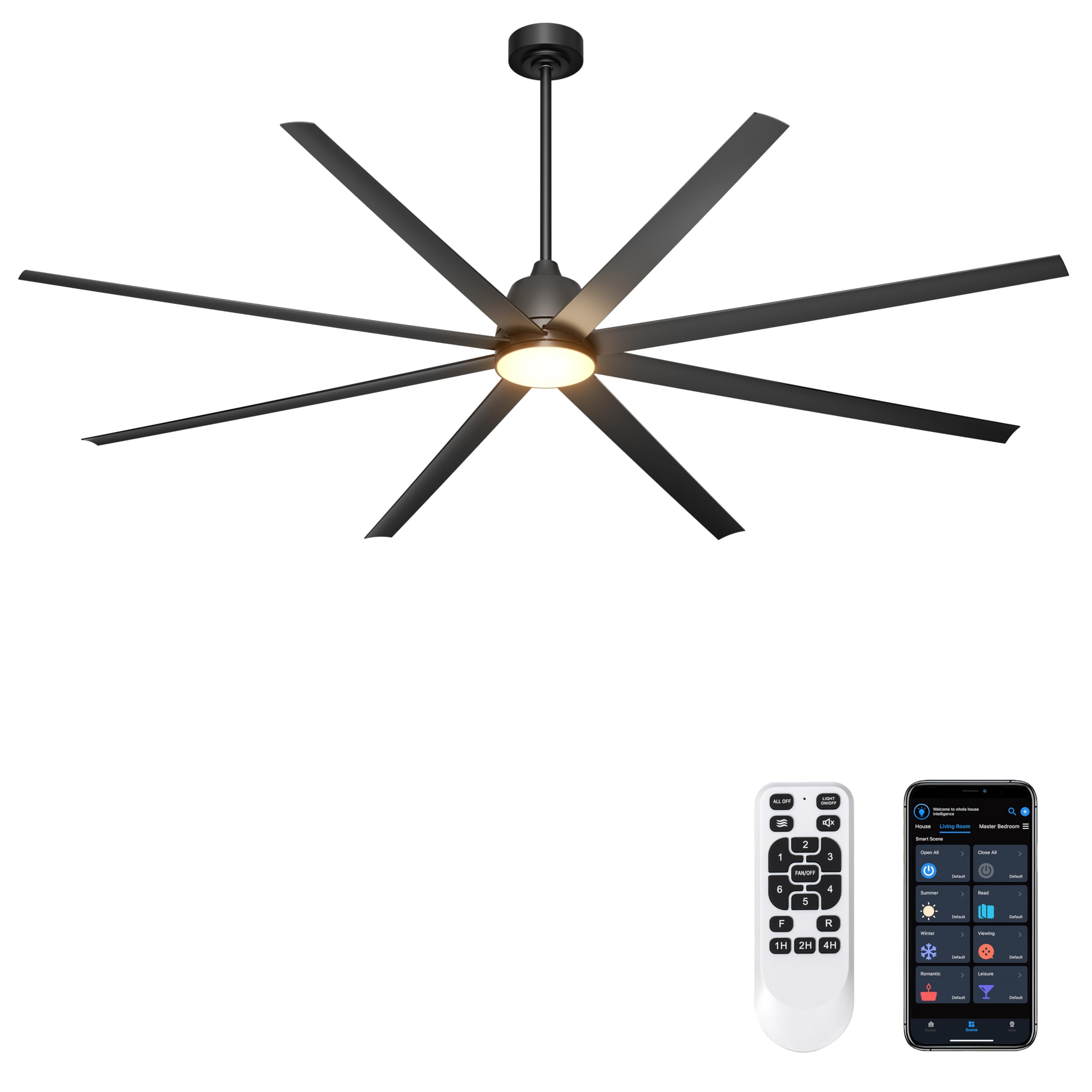 Phylluz 96" Industrial Ceiling Fans with Lights, Large Ceiling Fan with Remote/APP Control, Outdoor Ceiling Fans with 8 Blades, 3CCT, DC motor for