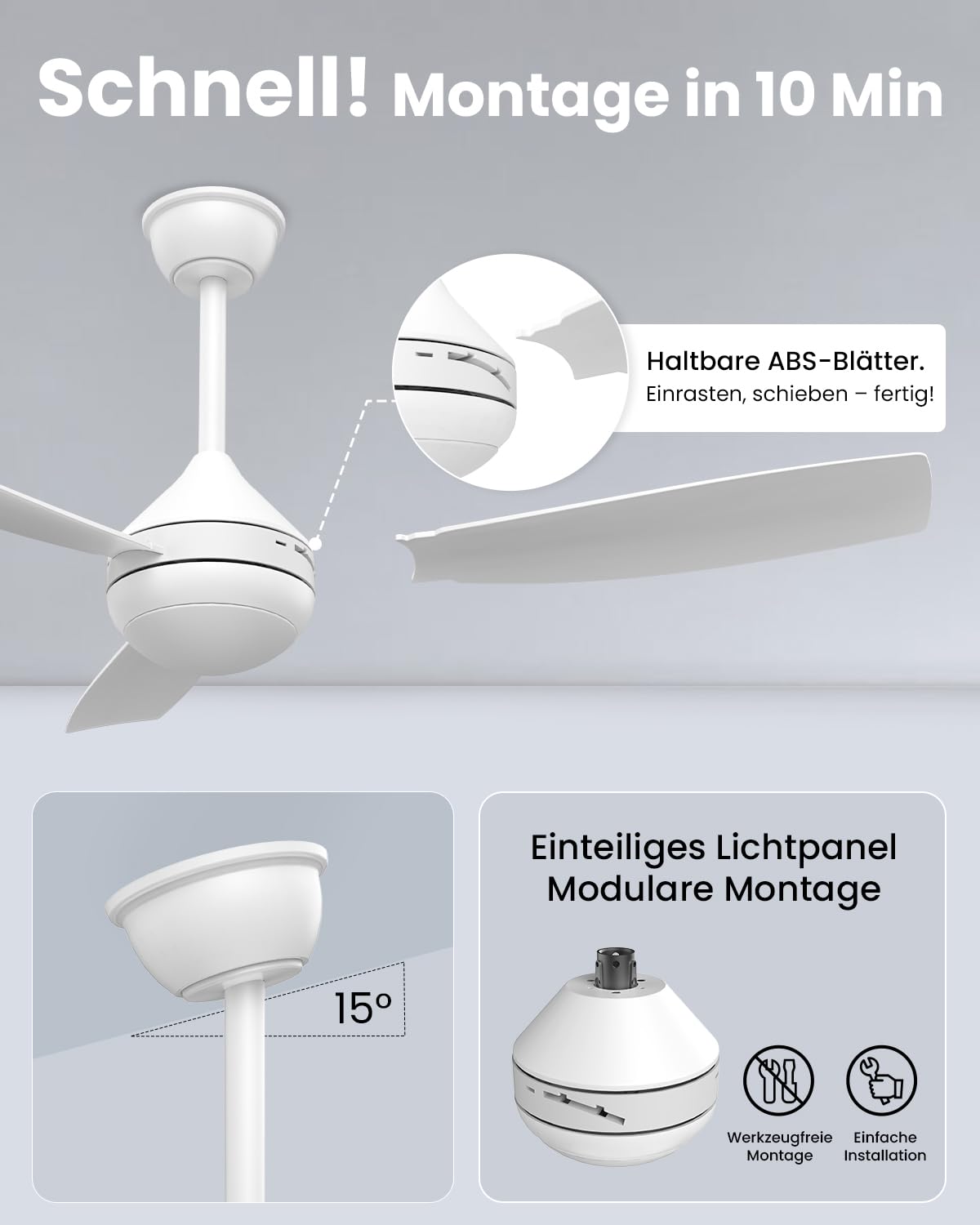 Airwit 106cm Steckflügel Deckenventilator mit Beleuchtung, Leise, Weiß, Dimmbar, Fernbedienung