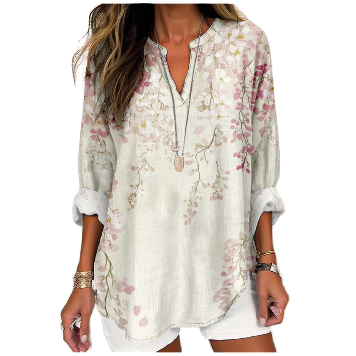 domirica Floral Tops for Women V Neck Long Sleeve Plus Size 2025 Spring Cute Casual Elegant Resort Flowy Ladies Tee Shirts