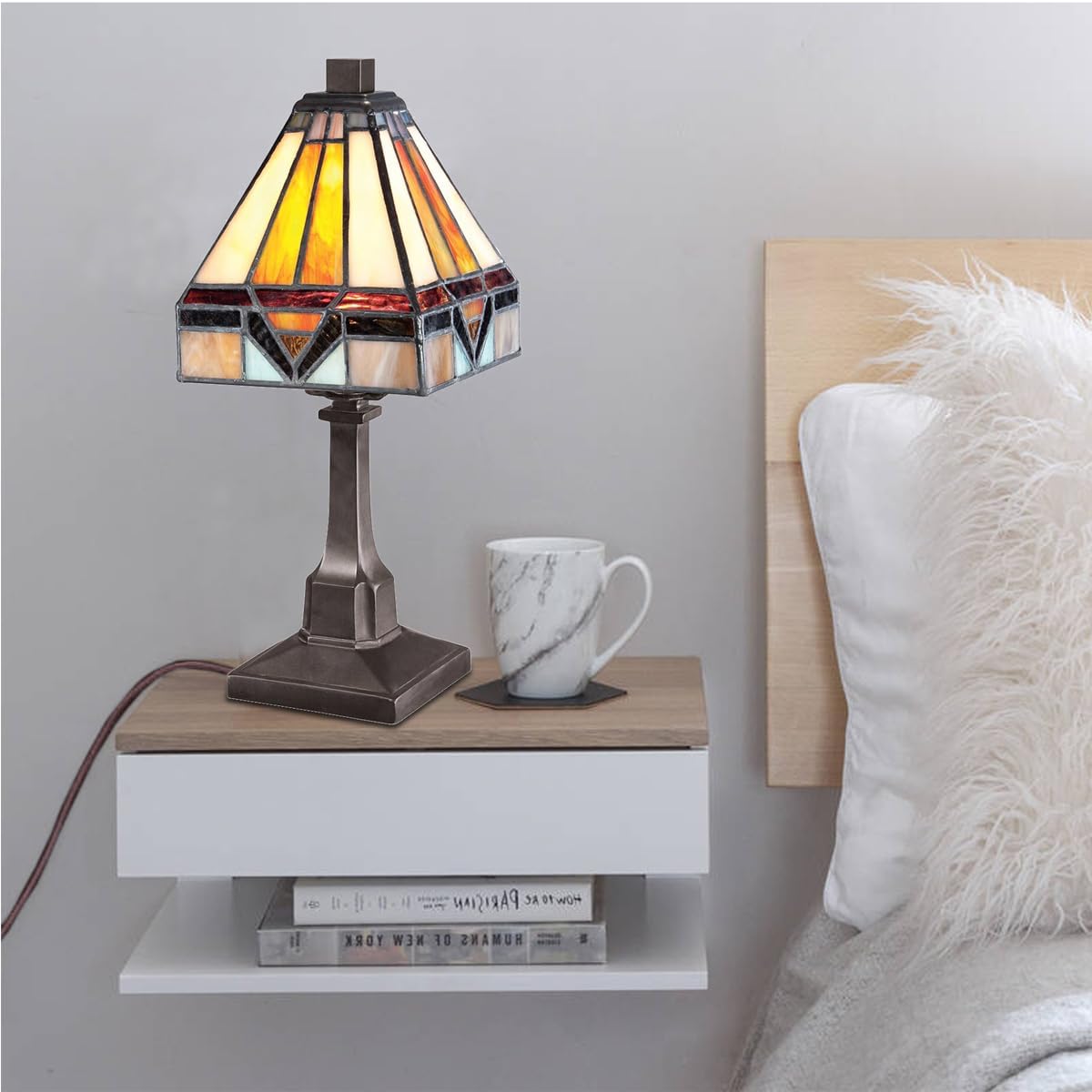Nouveau Mini Tiffany Style Table Lamp (T614), 84 Glass Cuts, 100% Genuine Stained Glass, Multicolor, Durable Base, Size: 6 x 12 inches