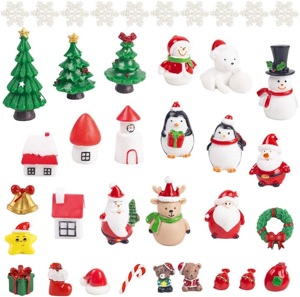 LovesTown 38PCS Christmas Miniature Figurines, Mini Crafts Resin Santa Claus Snowman Trees Animals for DIY Christmas Fairy Garden and Snow Globes Winter New Year Holiday Party Favors Decorations