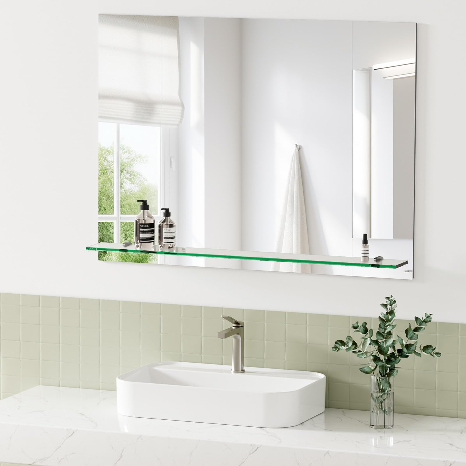 S'AFIELINA Espejo Baño con Estante 80x60 cm, Espejo de Pared | Espejo de Baño con Estante, Diseño Decorativo para Entrada, Dormitorio y Salón, Organizador de Pared Moderno