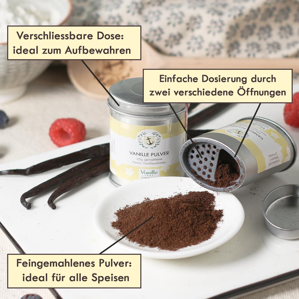 Natur Vanillepulver 20g / gemahlene Vanille Schoten / vom Vanille Shop / ideal zum Backen und würzen