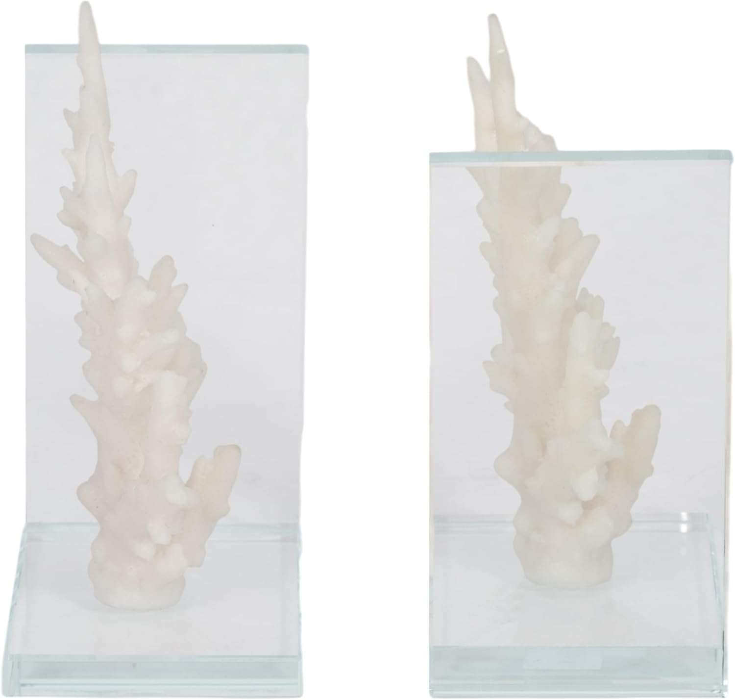 Decorative Coral on Glass Bookends - Coastal Inspired Book Ends for Bookshelf Decor or Book Accessories - Modern Office Desk Accent, Home Library, or Entryway Home Decor - Set of 2, 7.25", White