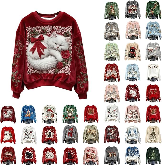 HUIFUAO - Sudadera de Navidad de franela para mujer, diseño de gato y Papá Noel, camisetas divertidas de Navidad, trajes de invierno cálidos, suaves, de manga larga, novedosos disfraces de vacaciones