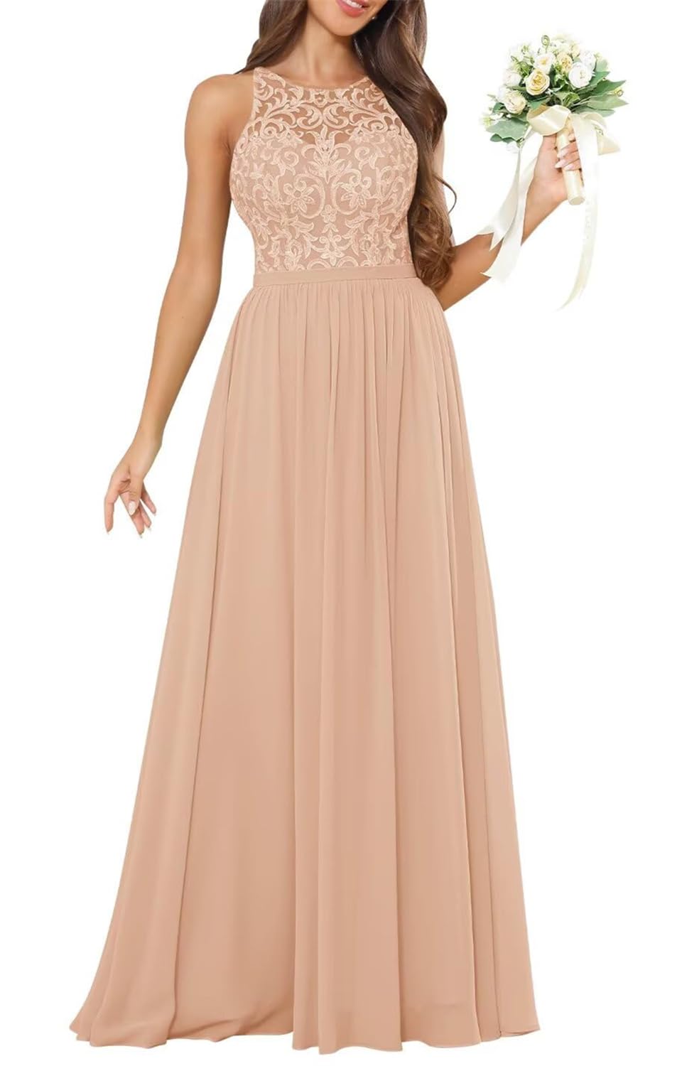 HPPEE Halter Bridesmaid Dresses for Women Rose Gold Chiffon Formal Evening Dress Backless Summer Maid of Honor UK6