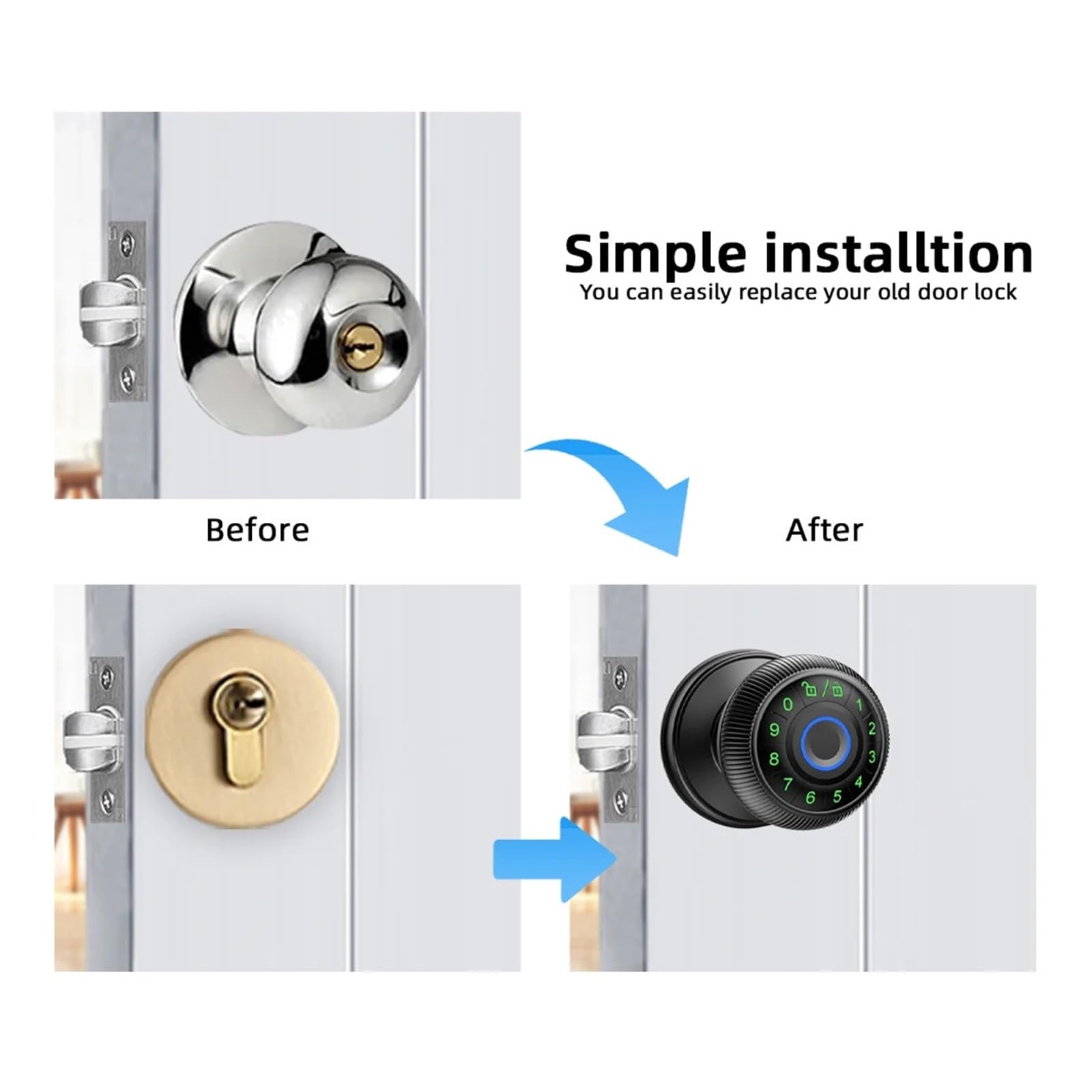 Q6 Smart Fingerprint Door Lock Round Knob Electronic with Password/Key APP Unlock(Q6 Black)