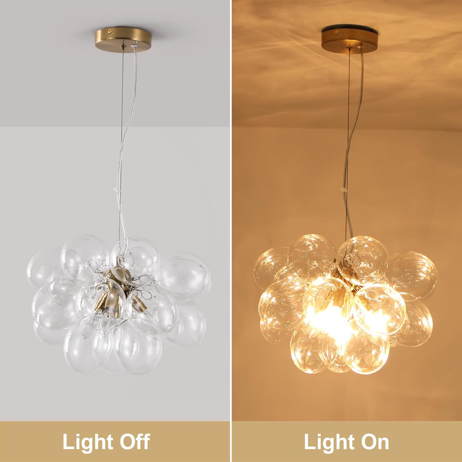 4 Light Gold Bubble Ball Glass Chandelier, Dia 15.75" Clear Modern Hand Blown Glass Ball Pendant Light Fixture for Dining Room Bedroom Hallway Foyer