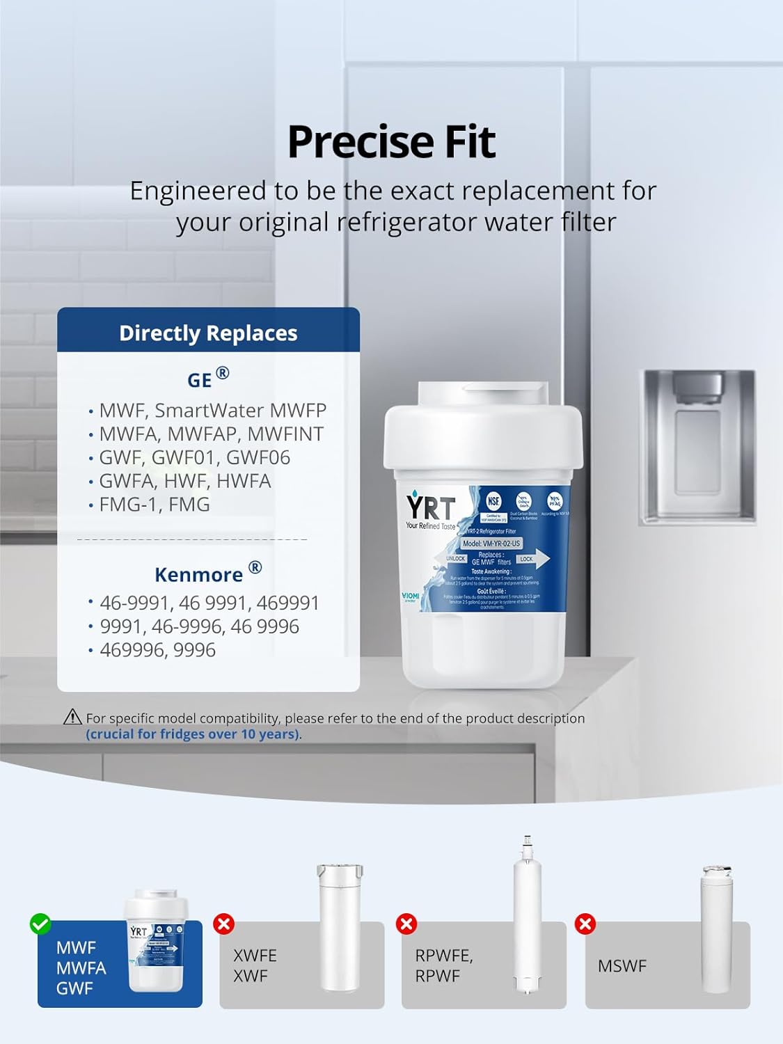 YRT MWF Replacement for SmartWater MWFP, MWFA, GWF, GWF01, GWF06, GWFA, HWF, FMG, Kenmore 9991, Ice & Water Filter Replacement, NSF/ANSI 372&53&42 Certified, Refrigerator Water Filter (Pack of 2)