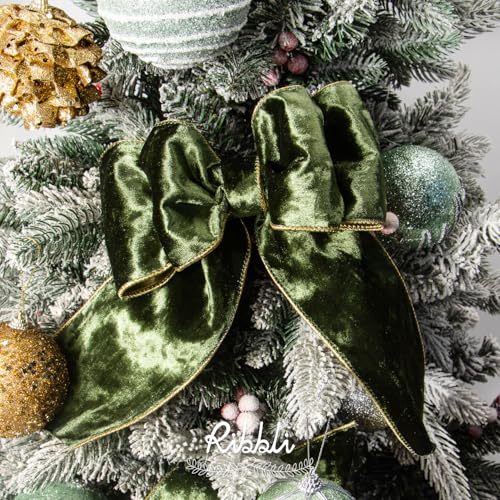 Image of Ribbli Moss Green Velvet Wired Ribbon 4 Inch Metallic Crushed Velvet Christmas Ribbon for Gift Wrapping Christmas Tree Decoration Crafts Wreaths Supplies-Continuous 10 Yards