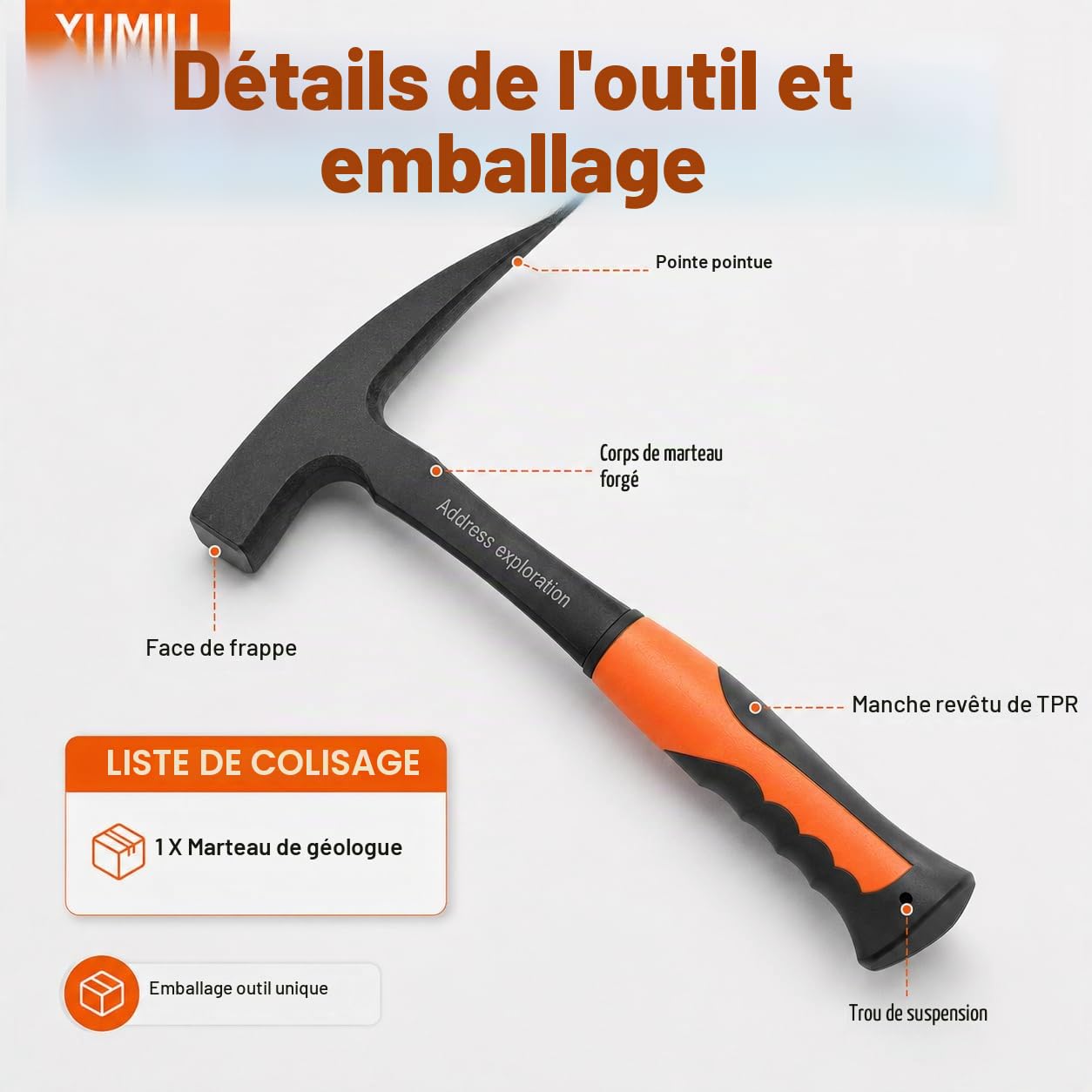 Marteau Géologique, Piolet Géologie, Marteaux à Pointe Pointue, Marteau de Géologue Professionnel avec Poignée Antichoc, 290 mm pour l'Exploration Minérale, la Géologie et l'Archéologie