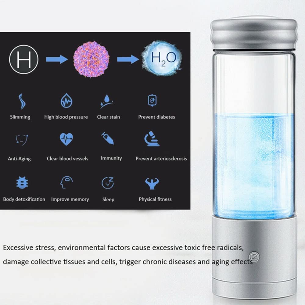 Botella Agua alcalina hidrógeno Generador portátil Agua Rica en hidrógeno Modo ionizador 3 Minutos y 5 Minutos Hace Que Contenido hidrógeno Sea hasta 800-1300 PPB Botella Vidrio Deportiva antioxida