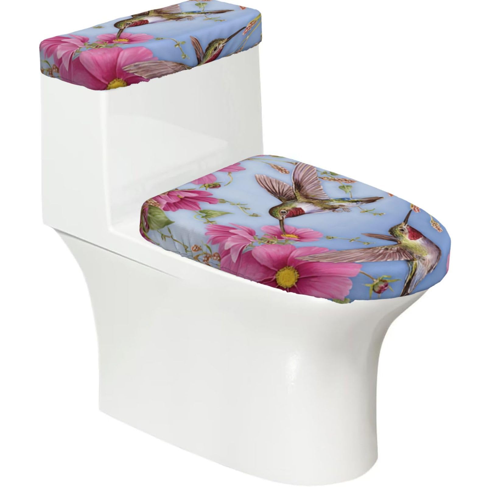 Humming Birds with Pink 2-Piece Toilet Seat Cover Set with Tank Lid, Elastic Fit for U-Shape & Elongated Toilets, Bathroom Decor, Housewarming Gift