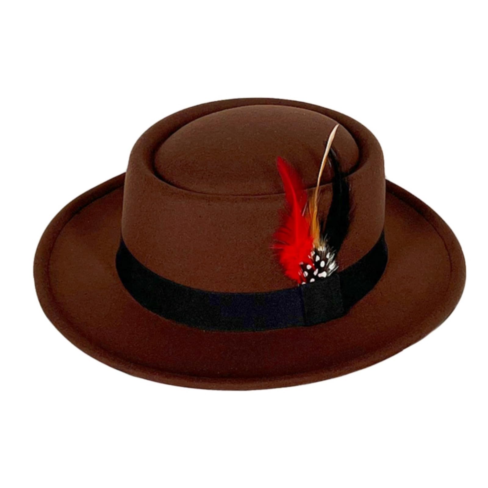Wool Felt Fedora Hats for Women Men, Wide Brim Flat Top Hat Porkpie Hat, Jazz Hat with Feather Unisex