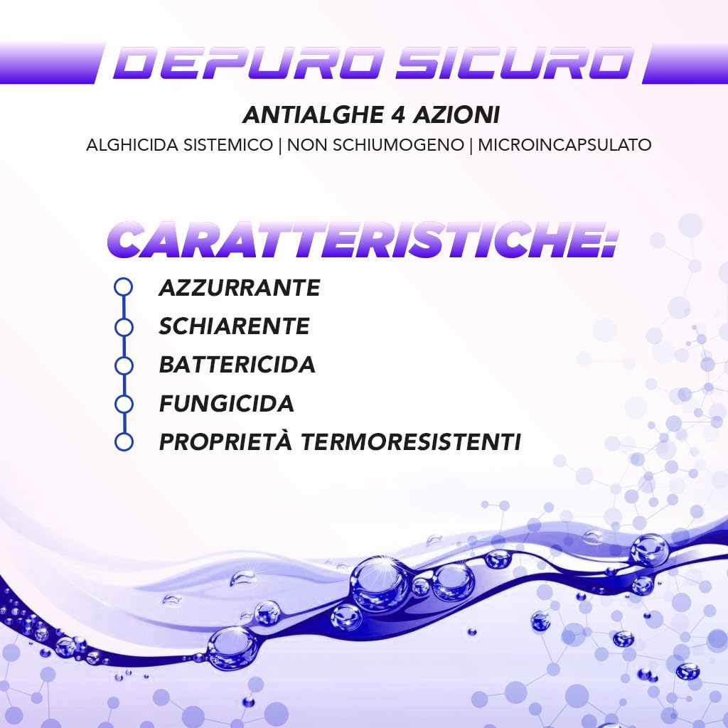 Naturìì 25 kg Antialghe Sistemico Alghicida 4 azioni Azzurrante, Schiarente, Battericida, Fungicida non Schiumogeno Mantenimento Piscina Made in Italy