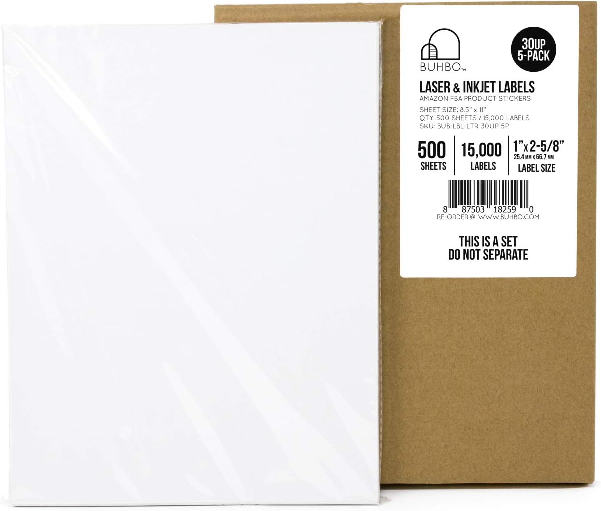 Buhbo 30-UP FBA Product Sticker Labels 1" x 2-5/8" Address Labels for Laser & Ink Jet Printers (500 Sheets, 15,000 Labels)