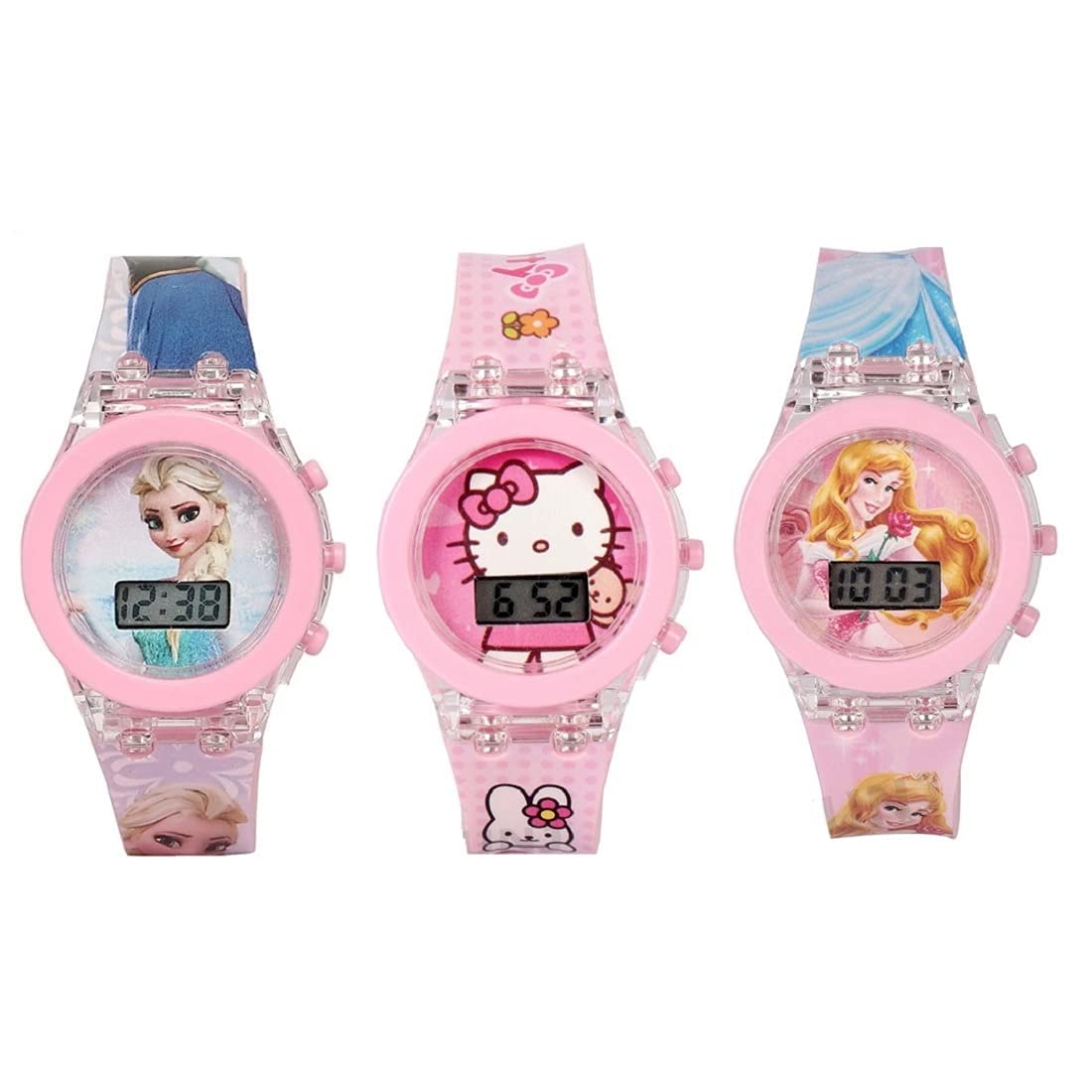 Rubber Glowing Pink Frozen/Hello Kitty/Princess Digital Watches (Combo Of 3) For Girls, Dial_Assorted, Band_Multicolor