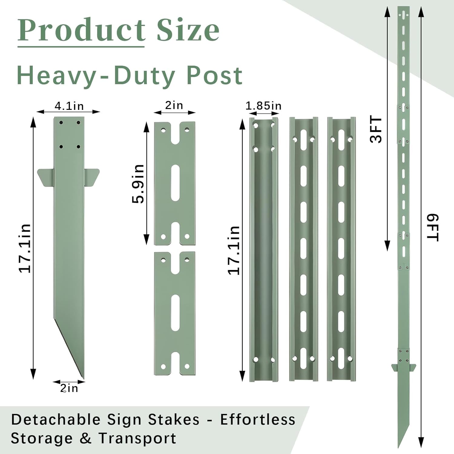 6 Ft Sign Stake Post, Heavy Duty Wind-Resistant Yard Sign Stakes (Pack of 2), 5.5 lb Steel Survey Stakes with Green Powder Coating, Ground Anchor Sign Holder for Outdoor Parking, Lawn, Events